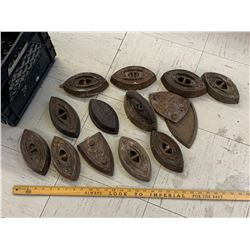 LOT OF ANTIQUE SAD IRONS AND MILK CRATE