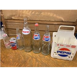 LOT OF VARIOUS PEPSI BOTTLES CAN AND CARRIER