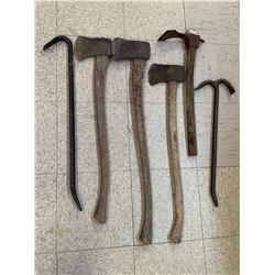 LOT OF AXES CROWBARS ETC