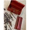 Image 5 : RED METAL TOOL BOX WITH ANTIQUE VINTAGE CONTENTS