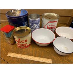 LOT OF ENAMEL BOWLS AND VINTAGE TINS