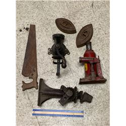 MISC LOT COFFEE GRINDER JACKS SAD IRONS