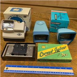 LOT OF VINTAGE SLIDE VIEWERS, FILM SPLICER AND BOXES