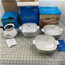 VINTAGE CORNING WARE TEAPOT AND SAUCEPANS WITH BOXES