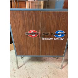 VINTAGE FLOOR STANDING BLUE STREAK IGNITION SERVICE ADVERTISING PARTS CABINET 43" x 33" x 11"
