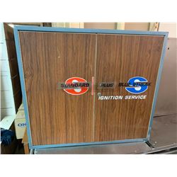 VINTAGE WALL MOUNT BLUE STREAK IGNITION SERVICE ADVERTISING PARTS CABINET 29" x 33" x 11"