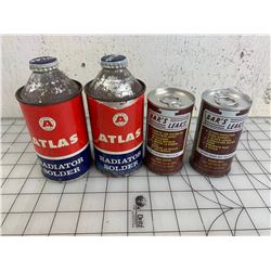 FULL VINTAGE SERVICE STATION RELATED CANS ATLAS AND BARS LEAKS
