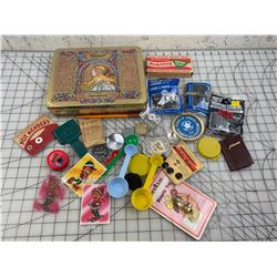 TIN WITH MISC SMALLS BELT BUCKLE COMPASS ETC
