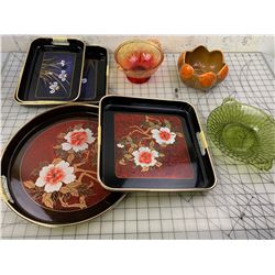 VINTAGE GLASS AND SERVING TRAYS