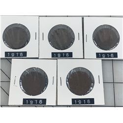 1916 LOT OF 5 CANADA LARGE CENT PENNIES