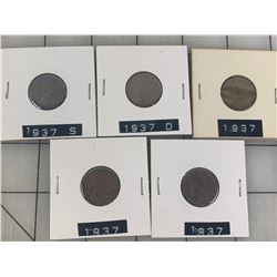 1937 LOT OF 5 USA PENNIES