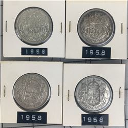 1958 LOT OF 4 CANADA SILVER 50 CENT PIECES