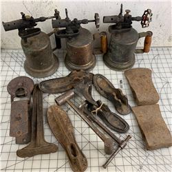OLD TORCHES AXE HEADS ETC W/ TOTE