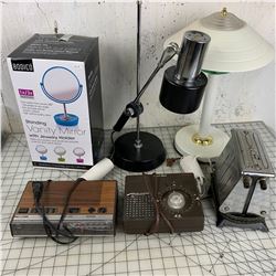 MISC LOT LAMPS VANITY MIRROR OLD TOASTER ETC