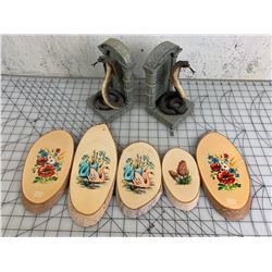 SNAKE BOOKENDS AND WOODEN WALL HANGINGS