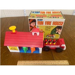 VINTAGE FUN FIRE HOUSE TOY WITH BOX MADE IN BRITISH CROWN COLONY HONG KONG