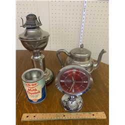 MISC LOT TEA POT LAMP CLOCK TIN