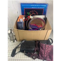 MISC LOT BAGS CHRISTMAS LIGHTS PLATTER ETC