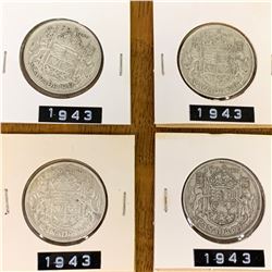 1943 LOT OF 4 CANADA SILVER 50 CENT PIECES