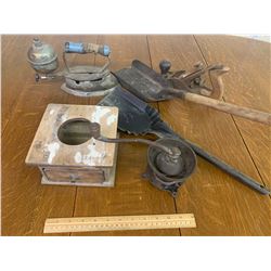 MISC LOT COFFEE GRINDER STOVE SHOVELS ETC