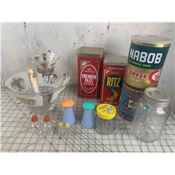 MISC LOT SALT AND PEPPERS CHIP DIP BOWL TINS ETC