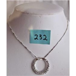 17" SILVER PLATE NECKLACE/ CIRCULAR RHINESTONE PENDANT