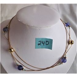 ORNATE 20" GOLD TONE 3 STRAND NECKLACE/ PURPLE BALLS