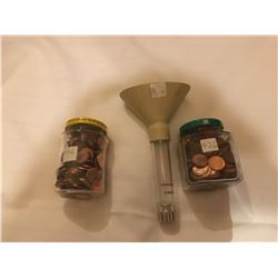 426-VINTAGE PENNY/DIME SORTER AND PENNIES IN JAR