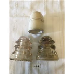 448- POWER INSULATORS LOT OF 3   DOMINION/GLASS MARKED 10D, PORCELAIN GISBORNE PATTERN