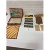 Image 1 : halma board game, pocket domino set cardboard original box and 28 wooden dominos and instructions