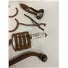 Image 2 : large lot- horse related item, horse shoes, brush, wrench, harness hook, etc.