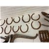 Image 3 : large lot- horse related item, horse shoes, brush, wrench, harness hook, etc.