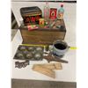 Image 1 : wooden lift top box-full of collectibles tins,bottles,pencil box,cast,etc