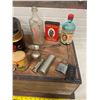 Image 2 : wooden lift top box-full of collectibles tins,bottles,pencil box,cast,etc