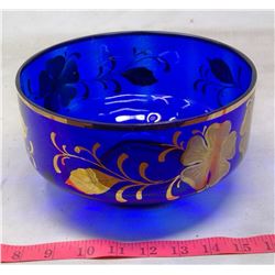 1971 Italy Cobalt Glass Guilt Painted Fruit Bowl