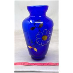 1976 Italy Cobalt Glass Guilt and Color Painted Flower Vase