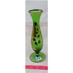 1963 Czechoslovakia Green Glass Gilt Painted Stem Vase