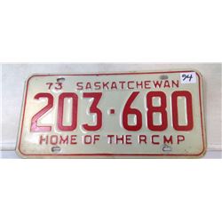 1973 Sask. License Plate  "Home of the R.C.M.P."