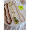 Image 1 : light rose quartz necklace, Gold sunstone necklace, Beaded yellow necklace with green and brown pend