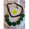 Image 1 : “Lia Sophia” suede chain with green and gold geometric squares, Black beaded multi-stranded necklace