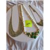Image 1 : 1920’s inspired vintage chainmesh silver coloured, “Saq” Gold multi-rhinestone necklace (dark green,