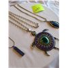 Image 2 : large multicolor turtle pendant with long silver color chain, Blue rhinestone pendant with hematite 