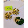 Image 1 : Gold coloured retro floral clip on earrings, Green and gold with white and black rhinestone frog on 