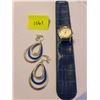 Image 1 : Kristine quartz blue vinyl snap watch, Blue and silver dangle clip on earrings