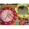 Image 1 : pink barbie clock, green round mirror, children’s crocheted pink and grey mouse slippers