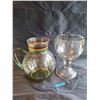 Image 1 : glass pitcher with red, yellow and green painted stripes, Thick glass goblet
