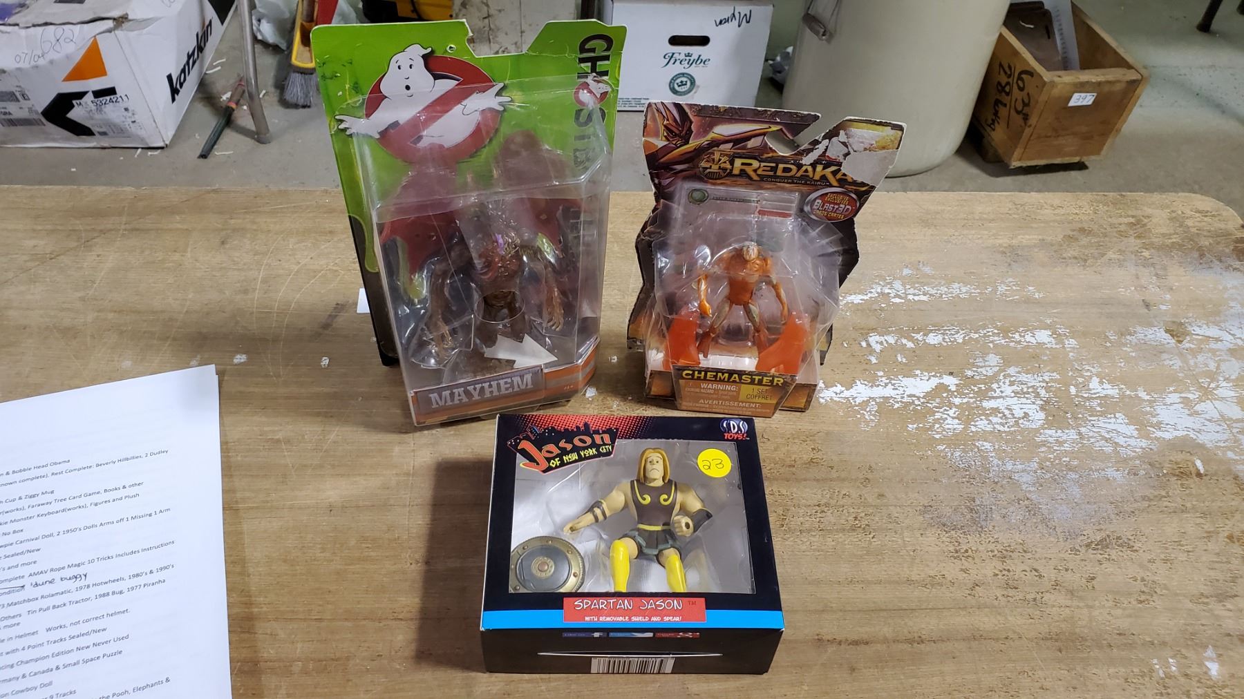 ASSORTED ACTION FIGURES IN BOX CHEMASTER, JASON OF NEW YORK & MAYHEM