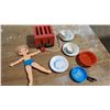 Image 1 : VINTAGE TOYS WORN BARBIE TEACUPS & SAUCERS, PAX TOYS TOASTER, FLAT DOLL & OTHERS