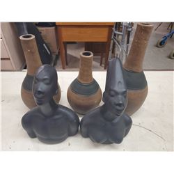 PAIR OF AFRICAN BUSTS 3 CERAMIC VASES