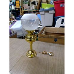 BRASS ELECTRIC LAMP GLOBE AND CHIMNEY